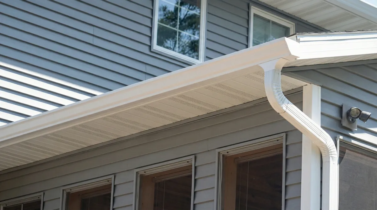Professional home remodeling project showing newly installed white seamless gutters and downspouts on a house with gray siding in Charleston, SC