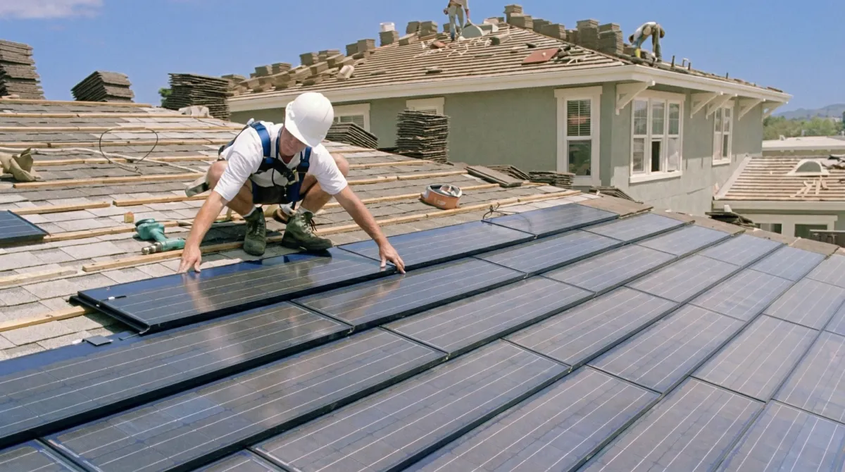 Roof replacement expert installing modern solar shingles on a residential home in Charleston, SC