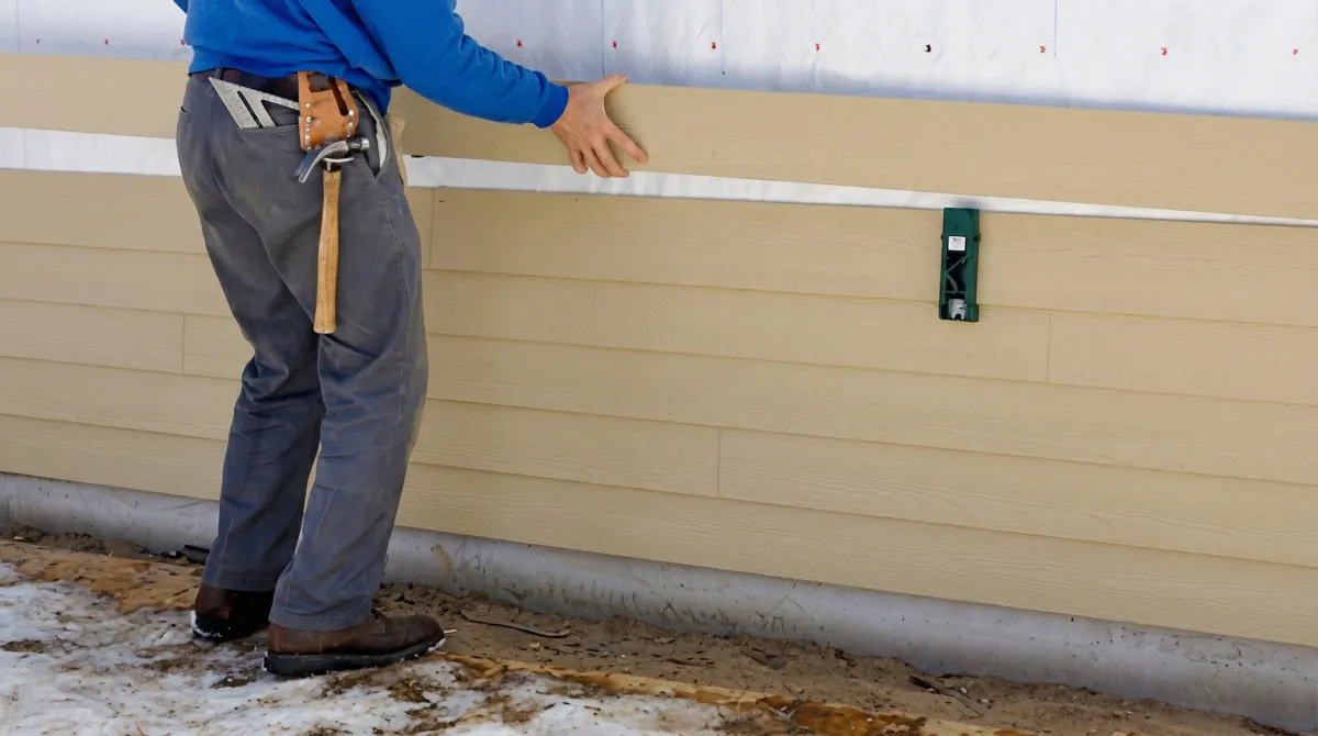 Siding replacement expert carefully aligning a new tan siding panel onto a residential exterior wall in Charleston, SC