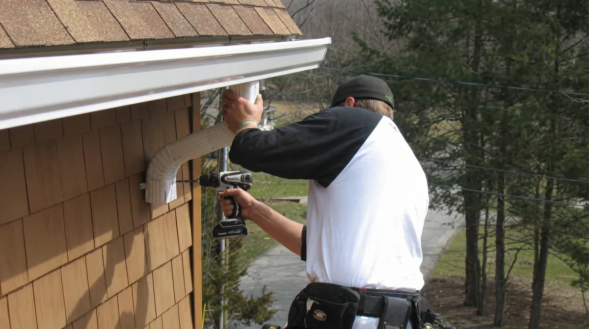 Professional contractor installing tan vinyl siding panels on a residential home exterior in Charleston, SC