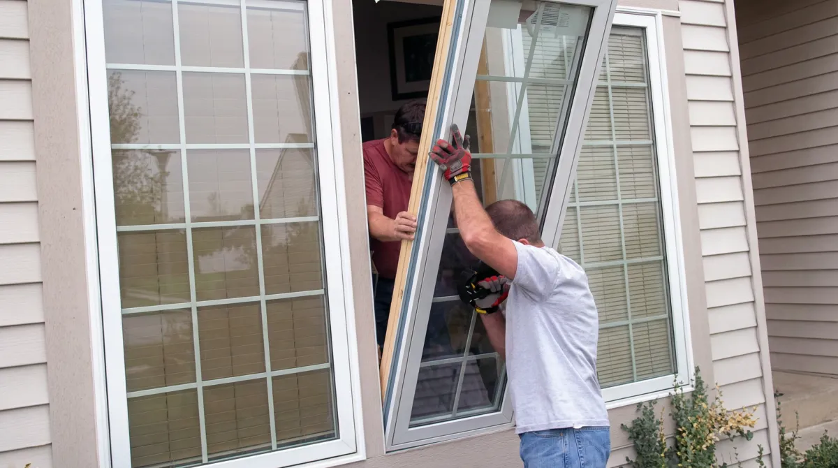 Professional home remodeling team installing a large replacement window on a house with tan siding in Charleston, SC